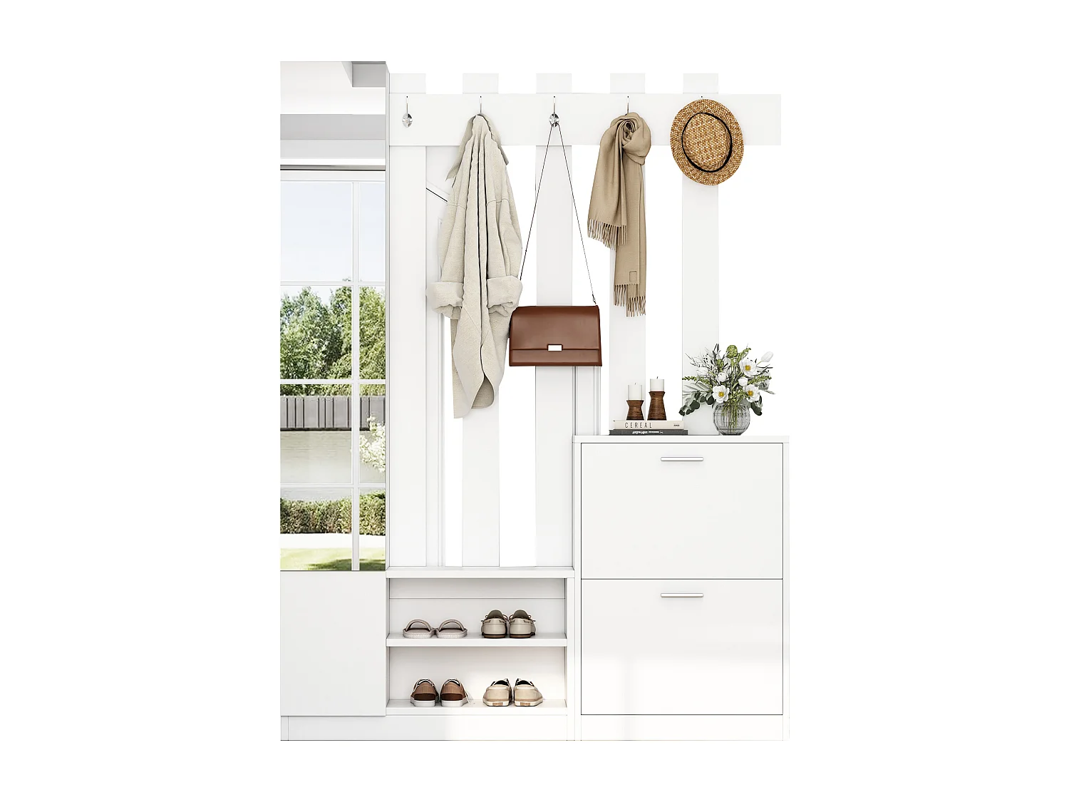 Vestiaire avec miroir - 135 x 25 x 180 cm - avec 2 armoires à chaussures + 2 rangement - aggloméré - blanc