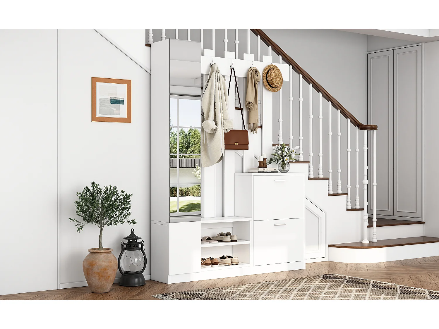 Vestiaire avec miroir - 135 x 25 x 180 cm - avec 2 armoires à chaussures + 2 rangement - aggloméré - blanc