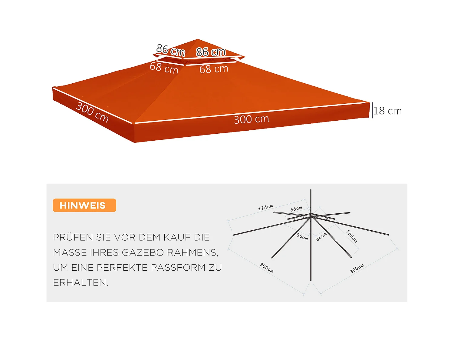 Toit de remplacement pour pavillon 3x3m, protection UV, polyester, rouge rouille (300x300x18 cm)