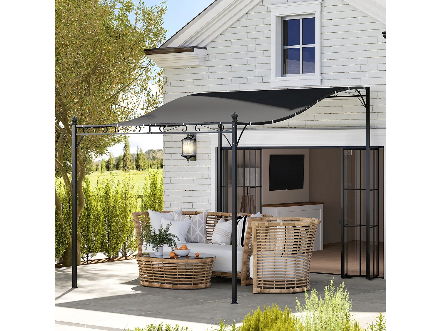 Pergola adossée avec toit imperméable, structure en métal, gris foncé (248x298x250 cm)