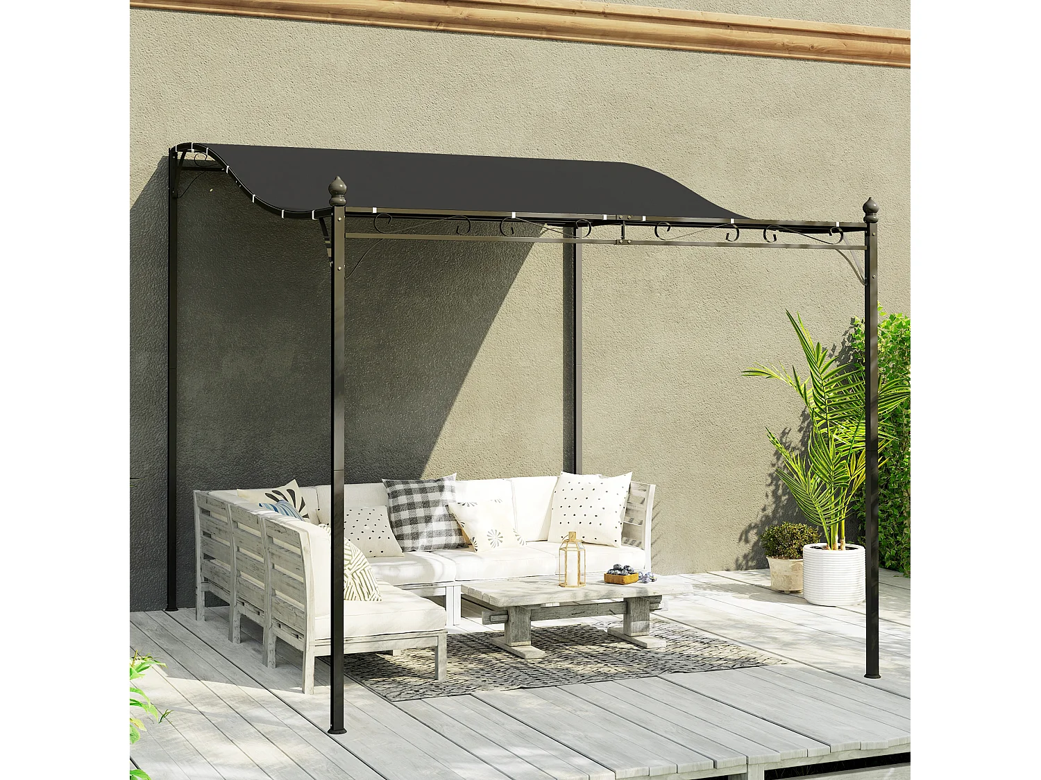 Pergola adossée avec toit imperméable, structure en métal, gris foncé (248x298x250 cm)