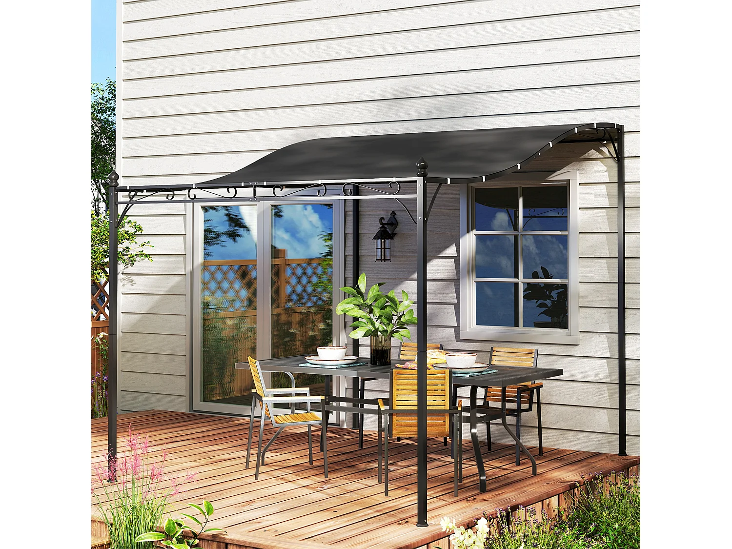 Pergola adossée avec toit imperméable, structure en métal, gris foncé (248x298x250 cm)