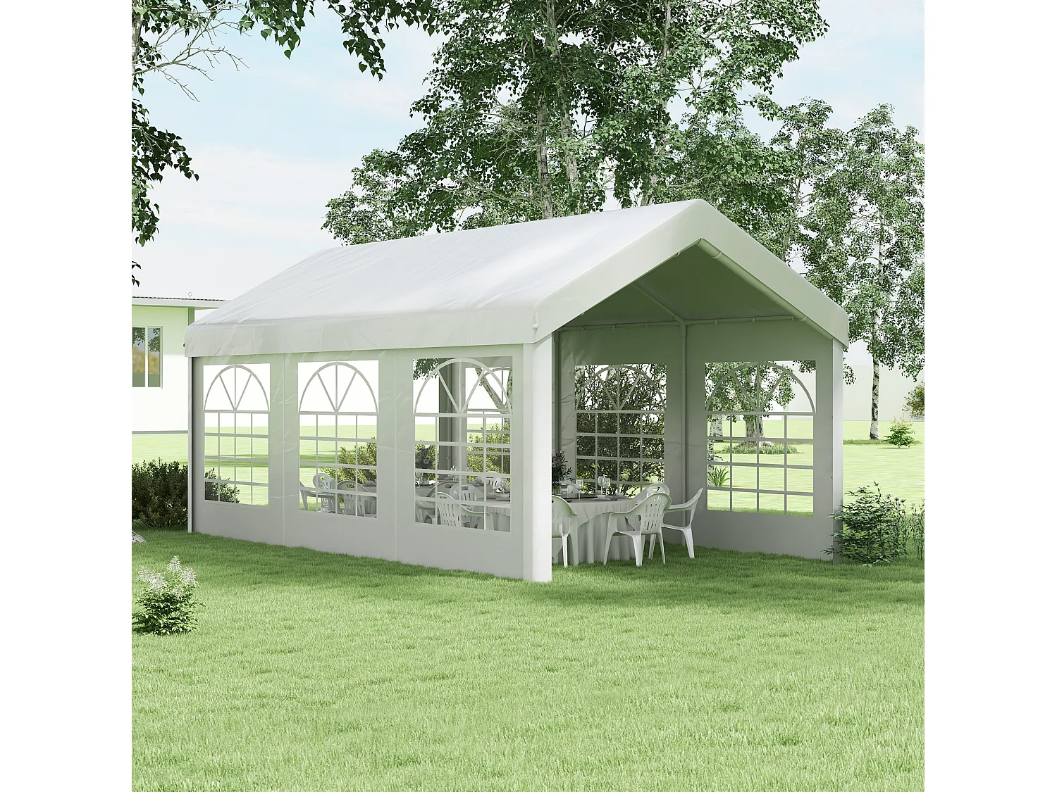 Panel lateral con ventana para pabellón, resistente al agua y a los rayos UV, PVC blanco (597x200cm)