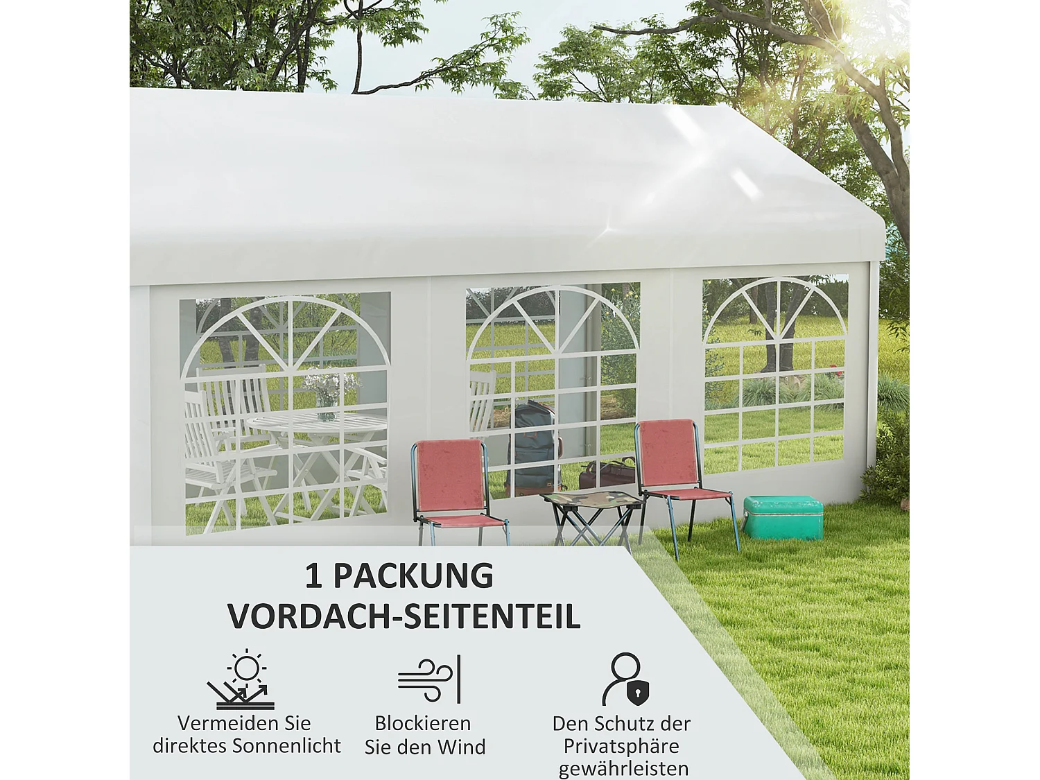 Panel lateral con ventana para pabellón, resistente al agua y a los rayos UV, PVC blanco (597x200cm)