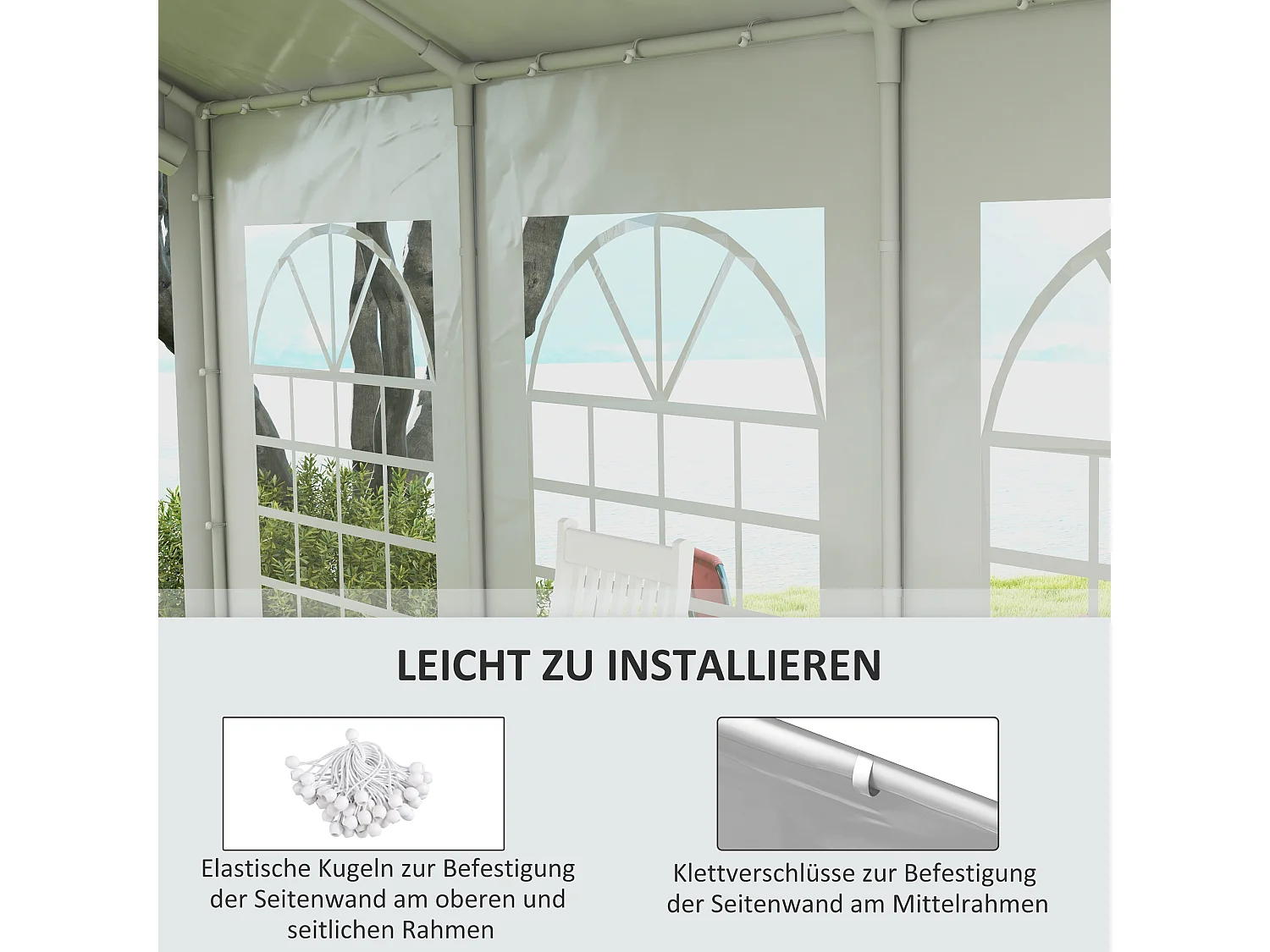 Panel lateral con ventana para pabellón, resistente al agua y a los rayos UV, PVC blanco (597x200cm)