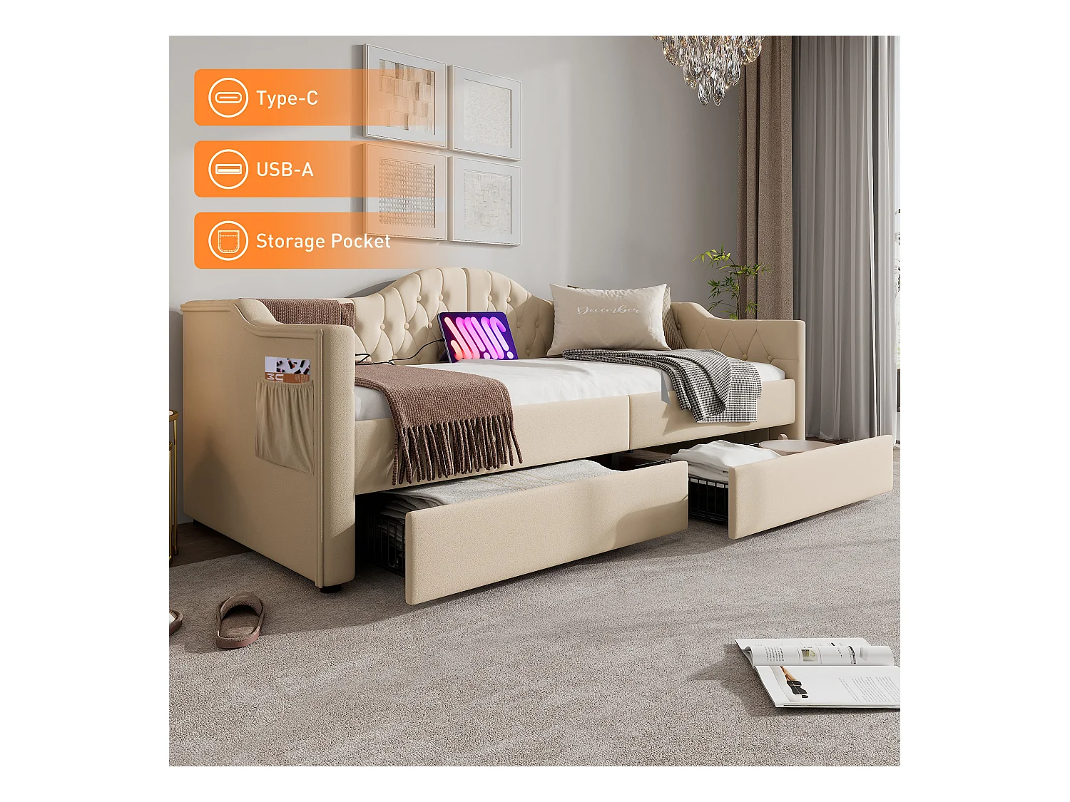 Lit banquette avec chargeur USB Type-C, cadre tapissé velours beige, 2 tiroirs de rangement, 90x200cm (215x99x86.5cm)