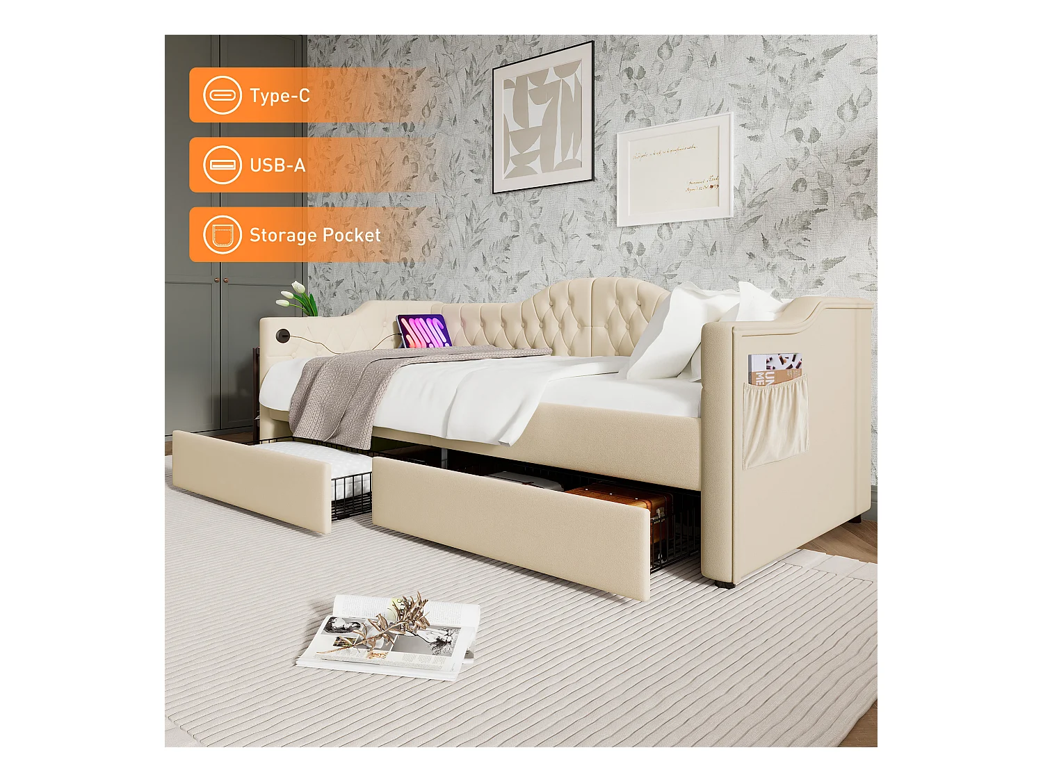 Lit banquette avec chargeur USB Type-C, cadre tapissé velours beige, 2 tiroirs de rangement, 90x200cm (215x99x86.5cm)