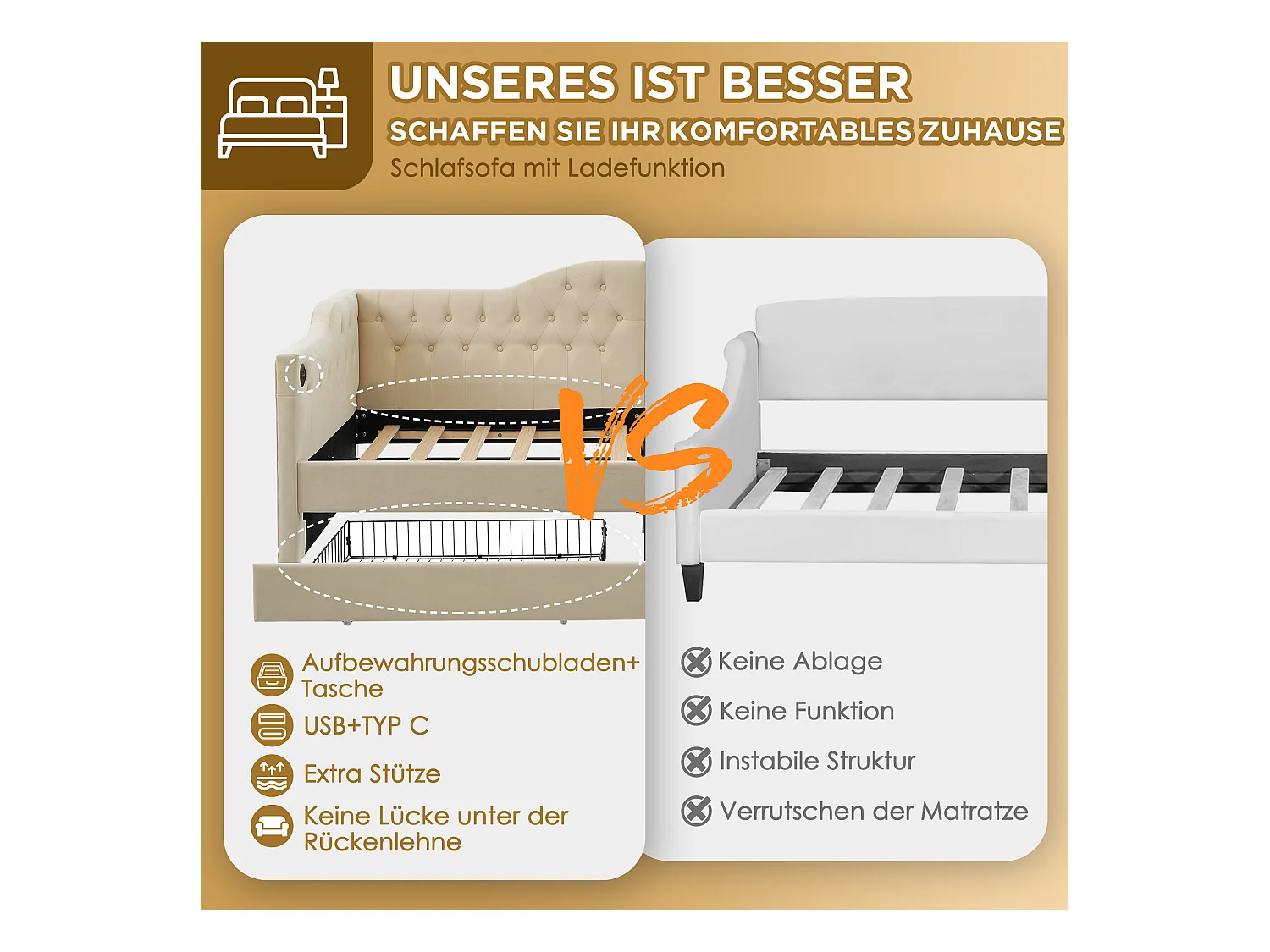 Lit banquette avec chargeur USB Type-C, cadre tapissé velours beige, 2 tiroirs de rangement, 90x200cm (215x99x86.5cm)