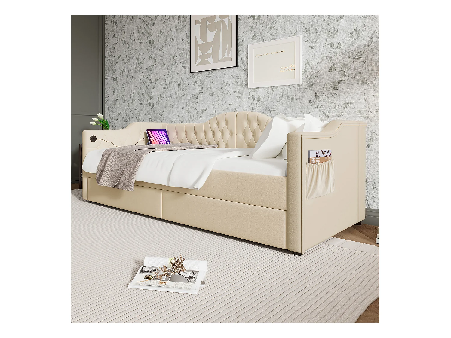 Lit banquette avec chargeur USB Type-C, cadre tapissé velours beige, 2 tiroirs de rangement, 90x200cm (215x99x86.5cm)