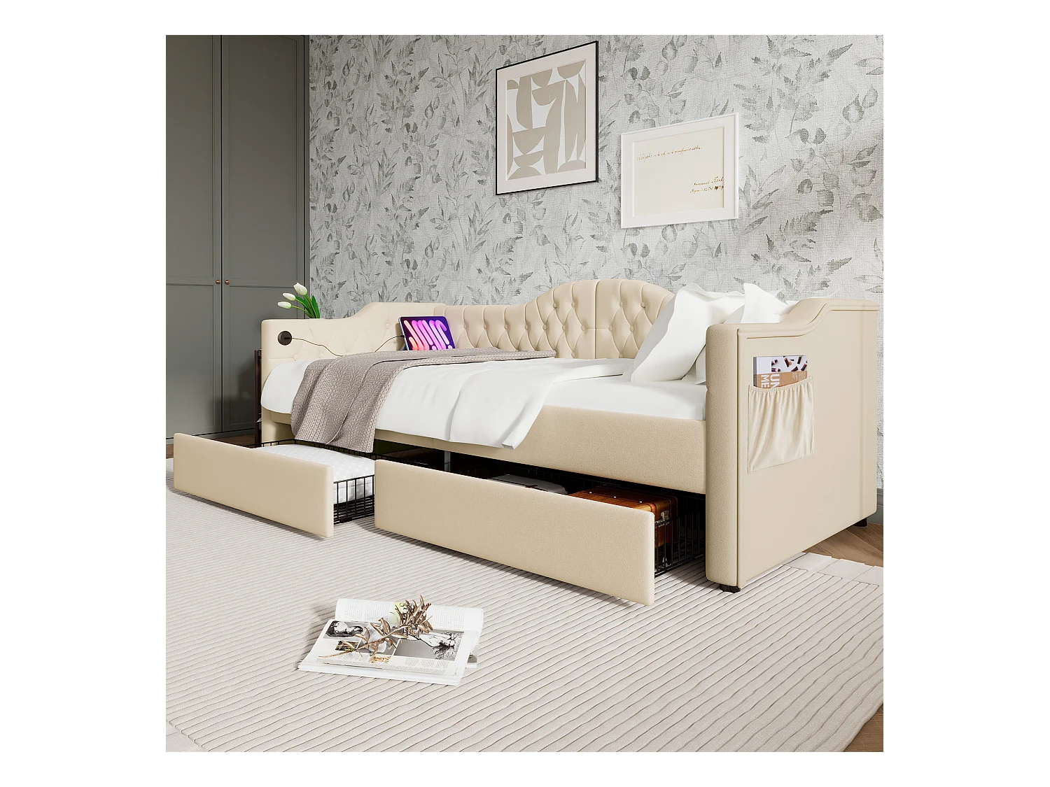 Lit banquette avec chargeur USB Type-C, cadre tapissé velours beige, 2 tiroirs de rangement, 90x200cm (215x99x86.5cm)