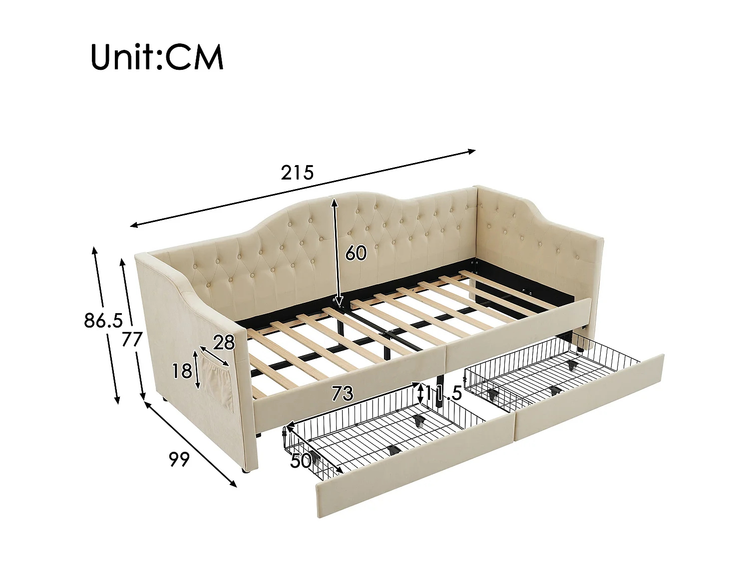 Lit banquette avec chargeur USB Type-C, cadre tapissé velours beige, 2 tiroirs de rangement, 90x200cm (215x99x86.5cm)