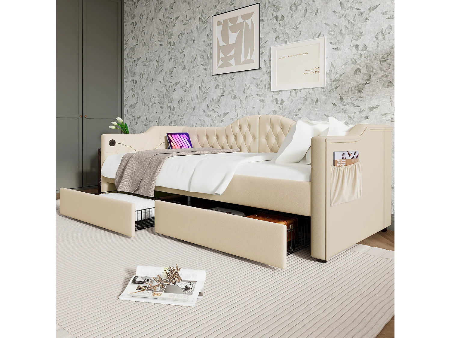 Lit banquette avec chargeur USB Type-C, cadre tapissé velours beige, 2 tiroirs de rangement, 90x200cm (215x99x86.5cm)