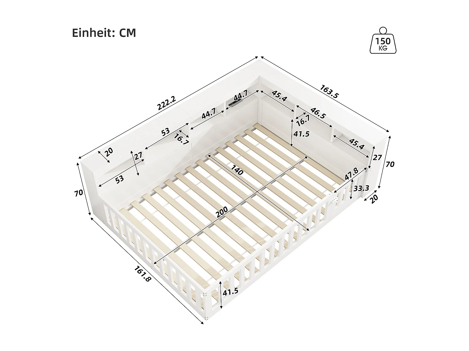 Daybed 140x190cm, canapé-lit avec rangement, sommier à lattes, avec prises USB et prise de courant, panneau de particules, Blanc (212.2x163.5x70 cm)