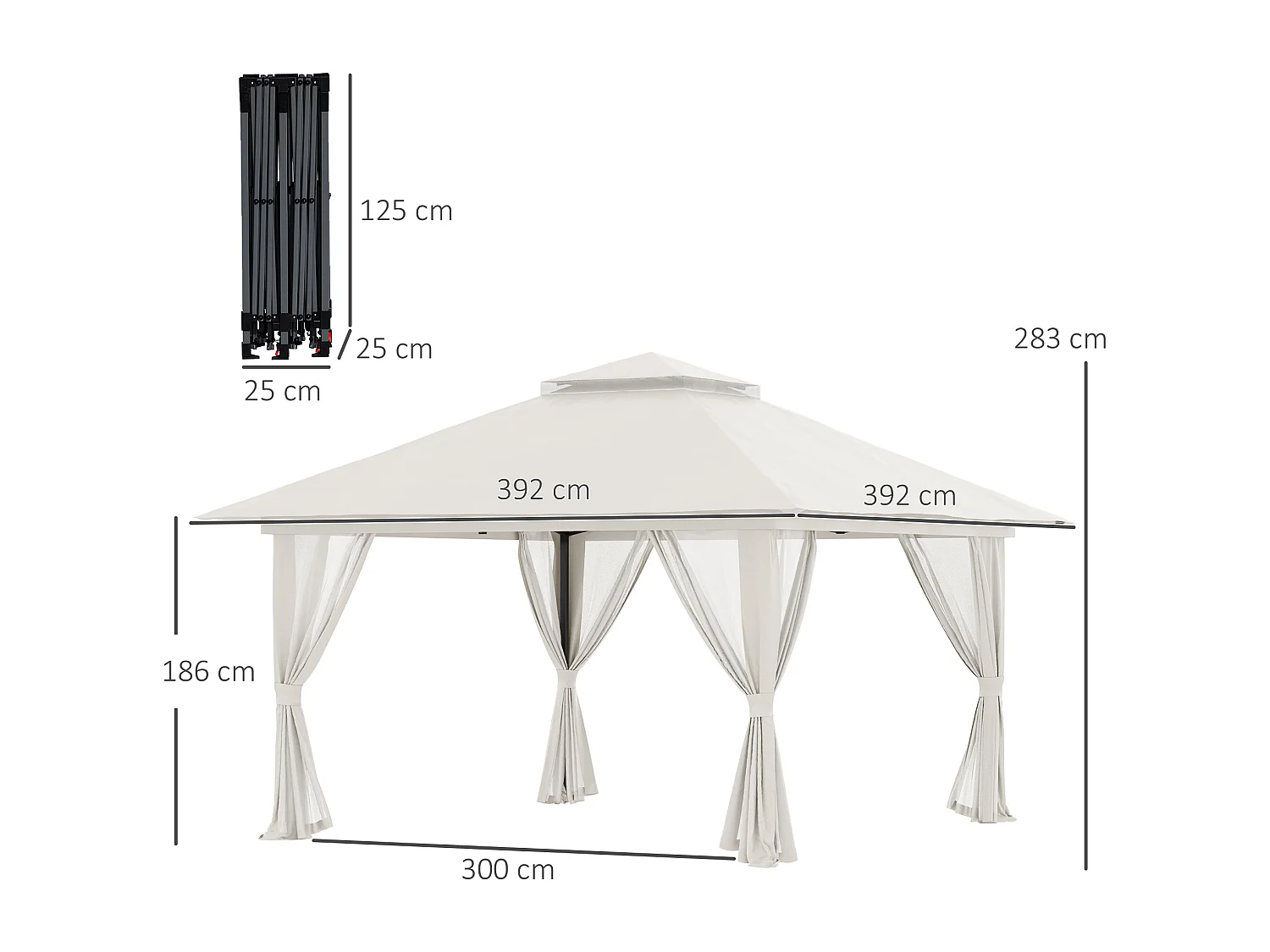 Carpa plegable de 4x4 m con 4 cortinas de malla, techo doble, protección UV, altura regulable, beige (392x392x283 cm)