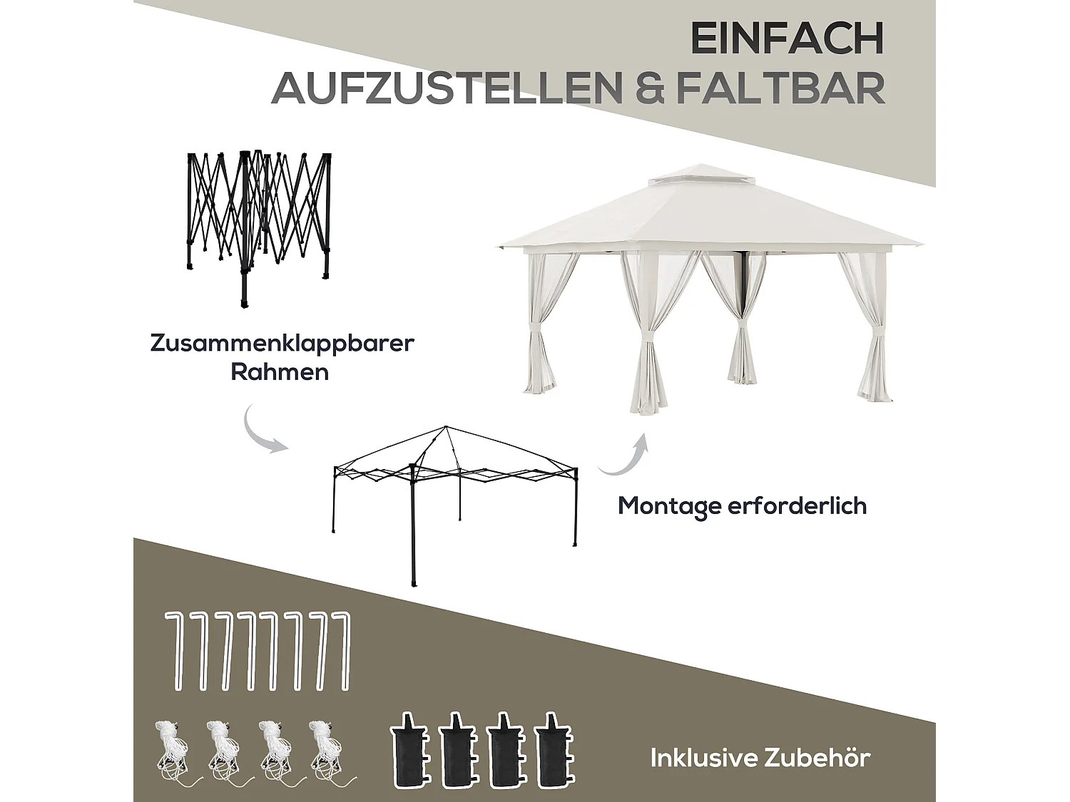 Carpa plegable de 4x4 m con 4 cortinas de malla, techo doble, protección UV, altura regulable, beige (392x392x283 cm)