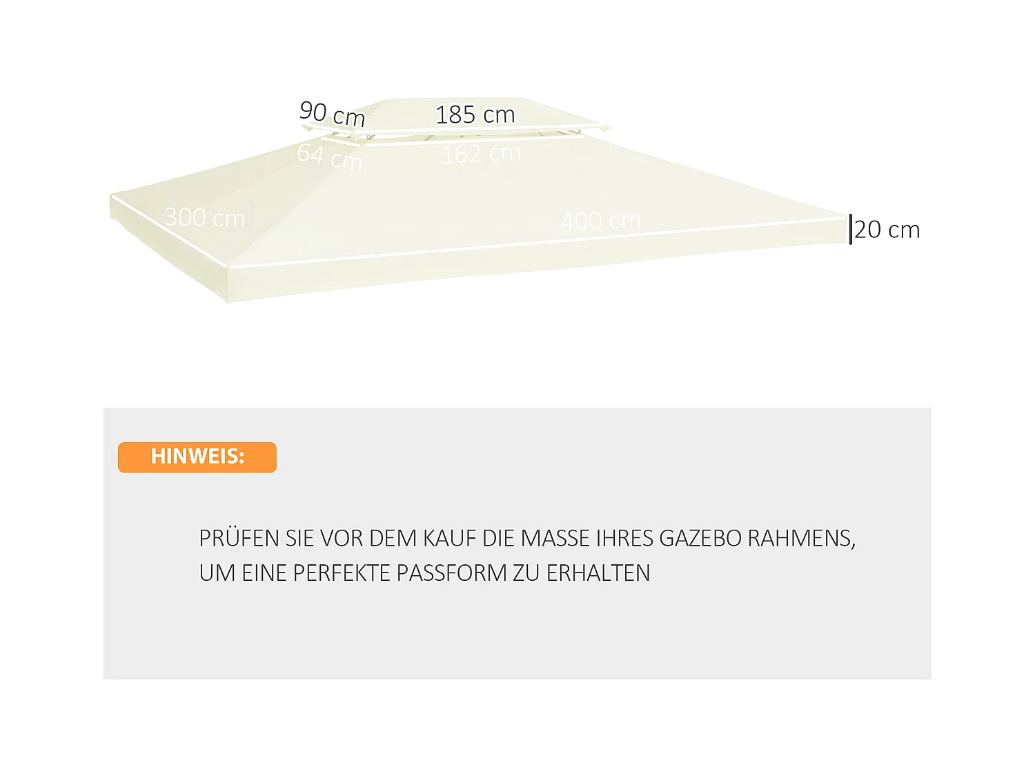 Toit de remplacement pour pavillon métallique, polyester respirant, crème (400x300x20cm)