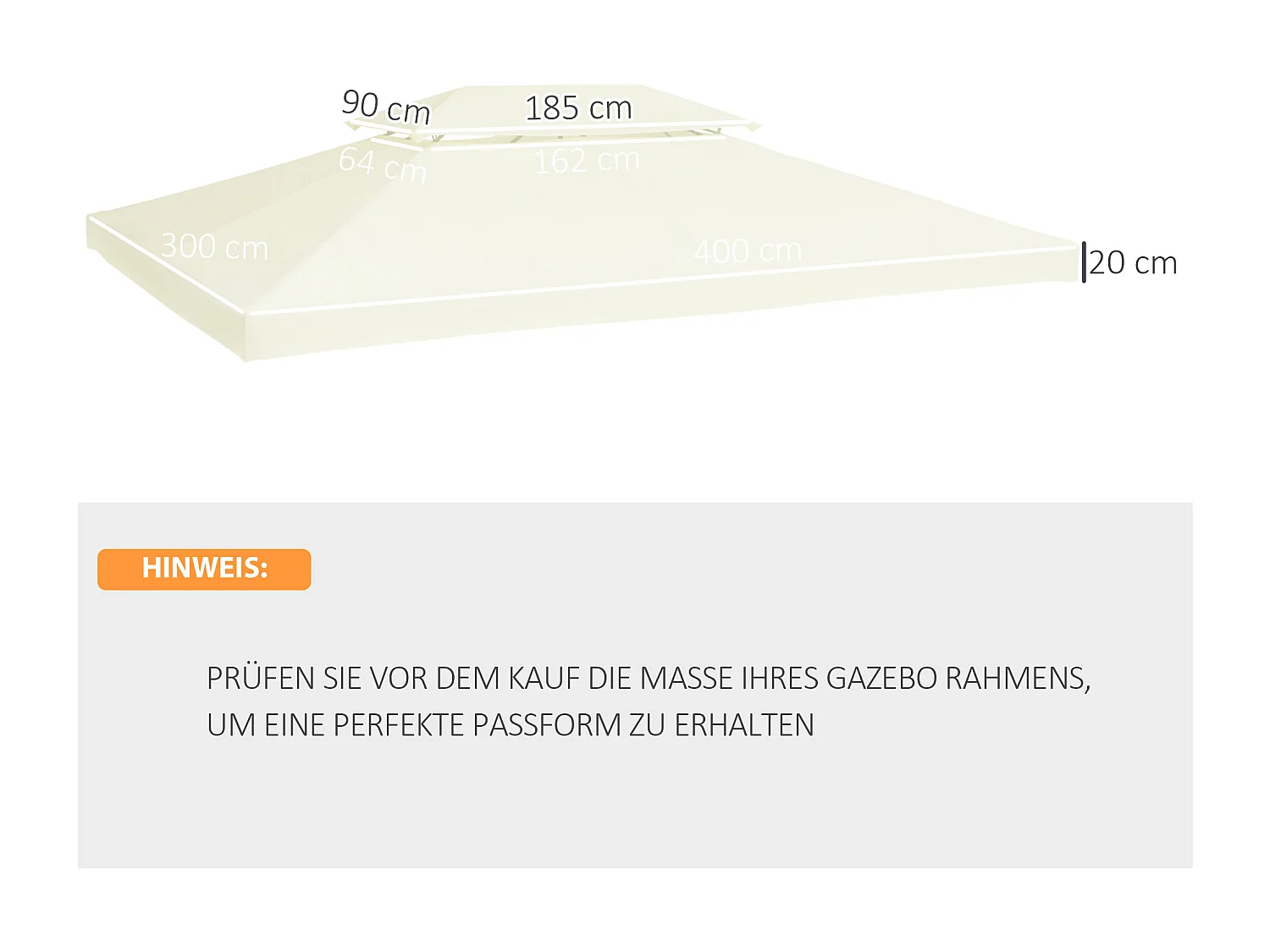Toit de remplacement pour pavillon métallique, polyester respirant, crème (400x300x20cm)