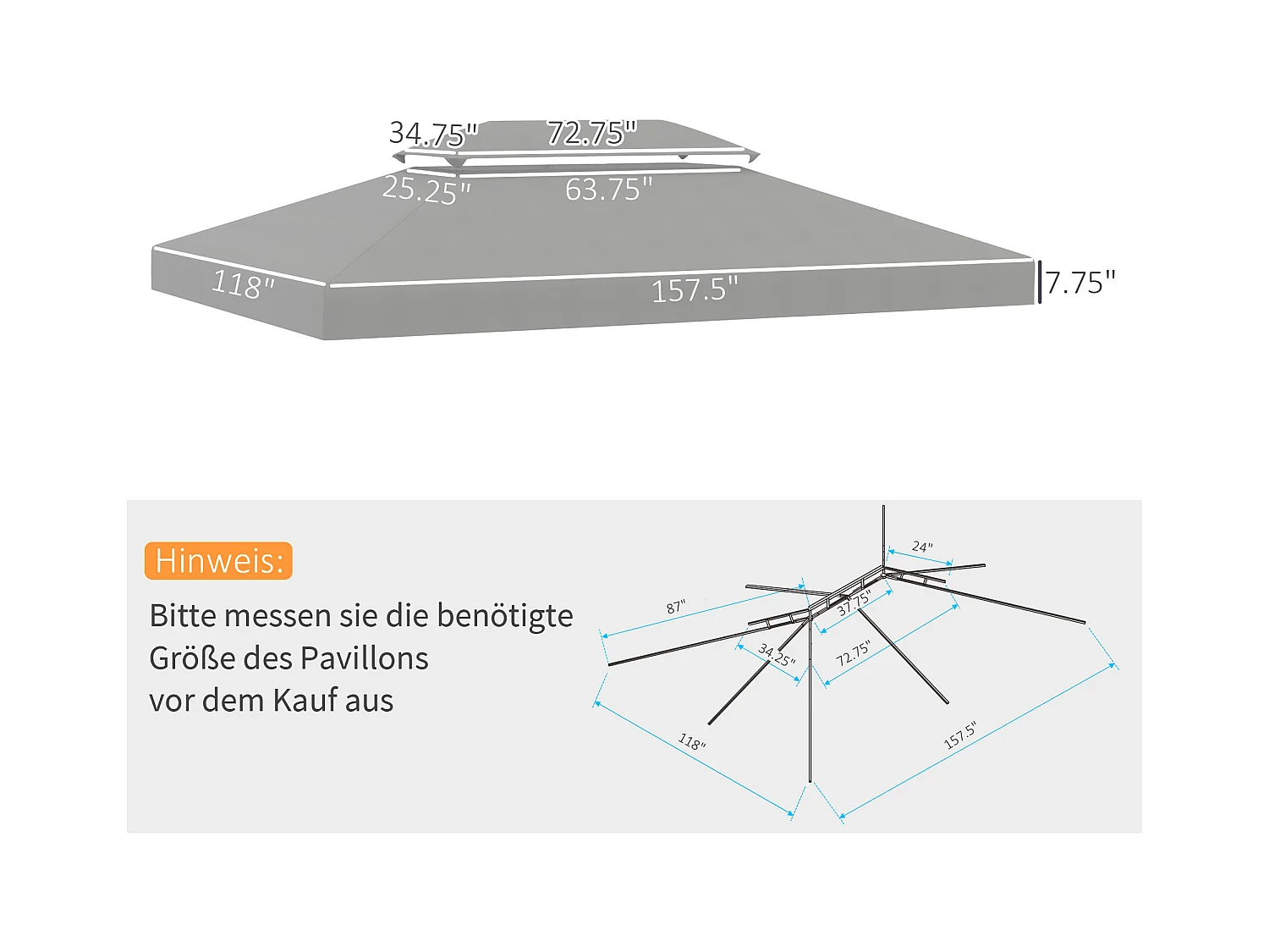 Toit de pavillon de remplacement, polyester, gris clair (300x400x20 cm)