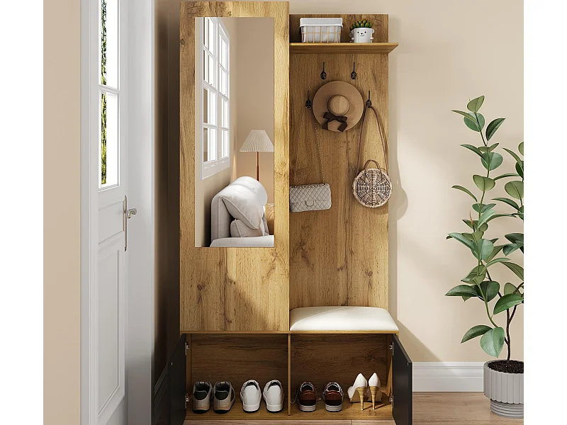 Ensemble vestiaire d'entrée 100x38x191 cm - avec porte-manteau et meuble à chaussures - Patères et 1 miroir - Naturel + noir