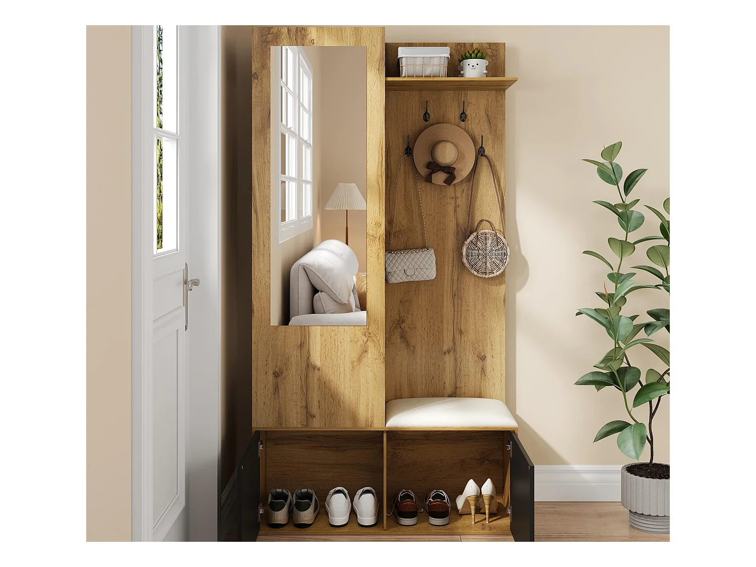 Garderobeset 100×38×191 cm - met kapstok en schoenenkast - haakjes en 1 spiegel - naturel + zwart