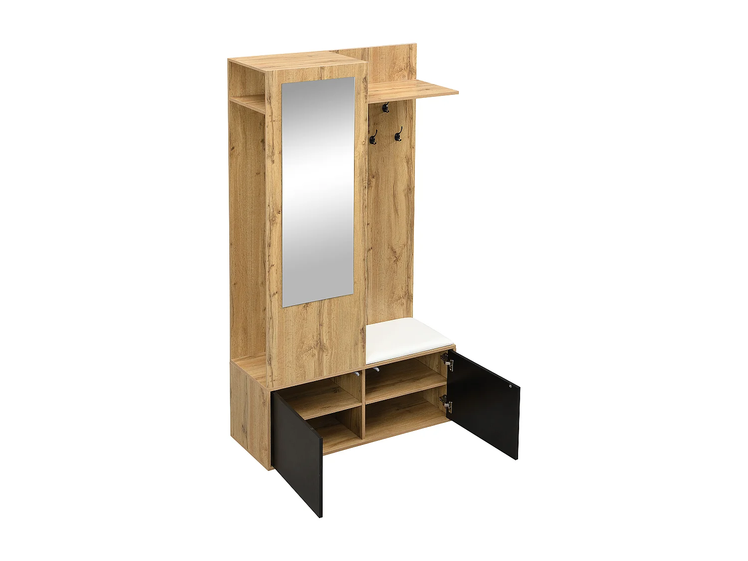 Garderobeset 100×38×191 cm - met kapstok en schoenenkast - haakjes en 1 spiegel - naturel + zwart