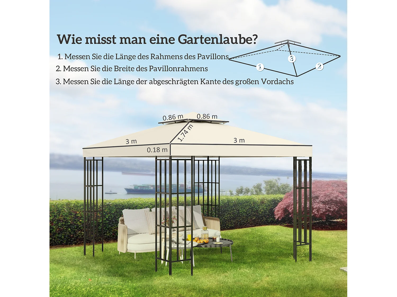 Tonnelle Pavillon 3x3m, Toit de Remplacement en Polyester, Crème, Résistant à l'Eau (300x300x18 cm)