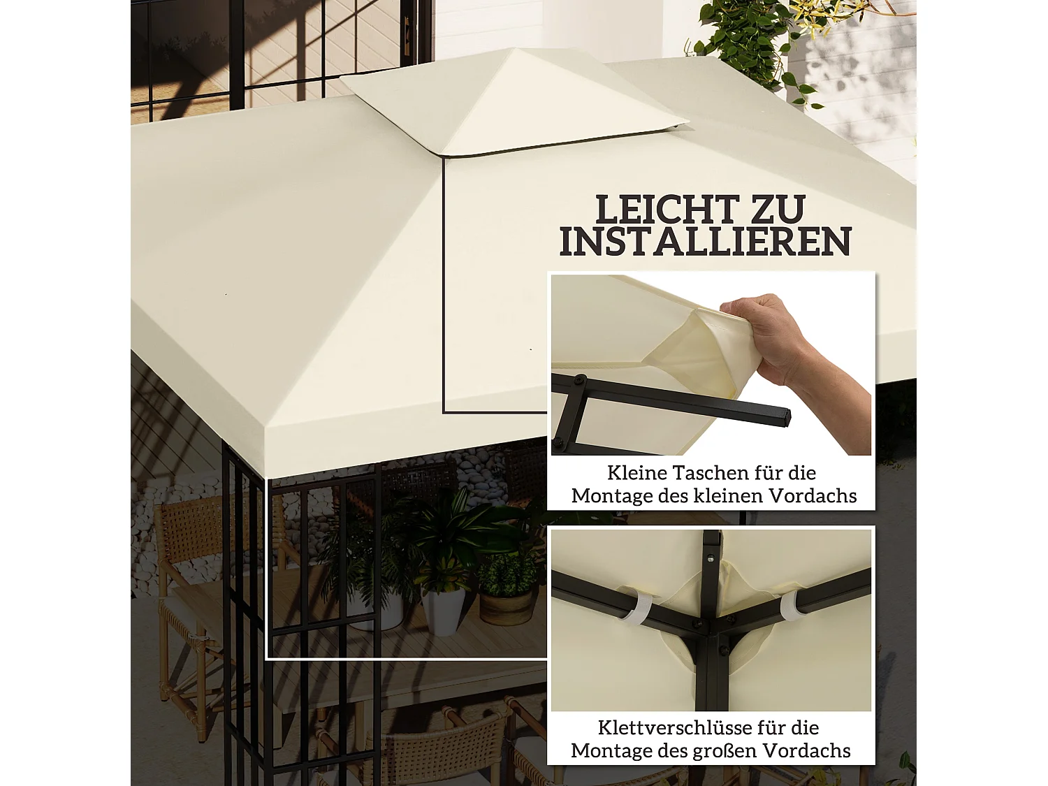 Tonnelle Pavillon 3x3m, Toit de Remplacement en Polyester, Crème, Résistant à l'Eau (300x300x18 cm)