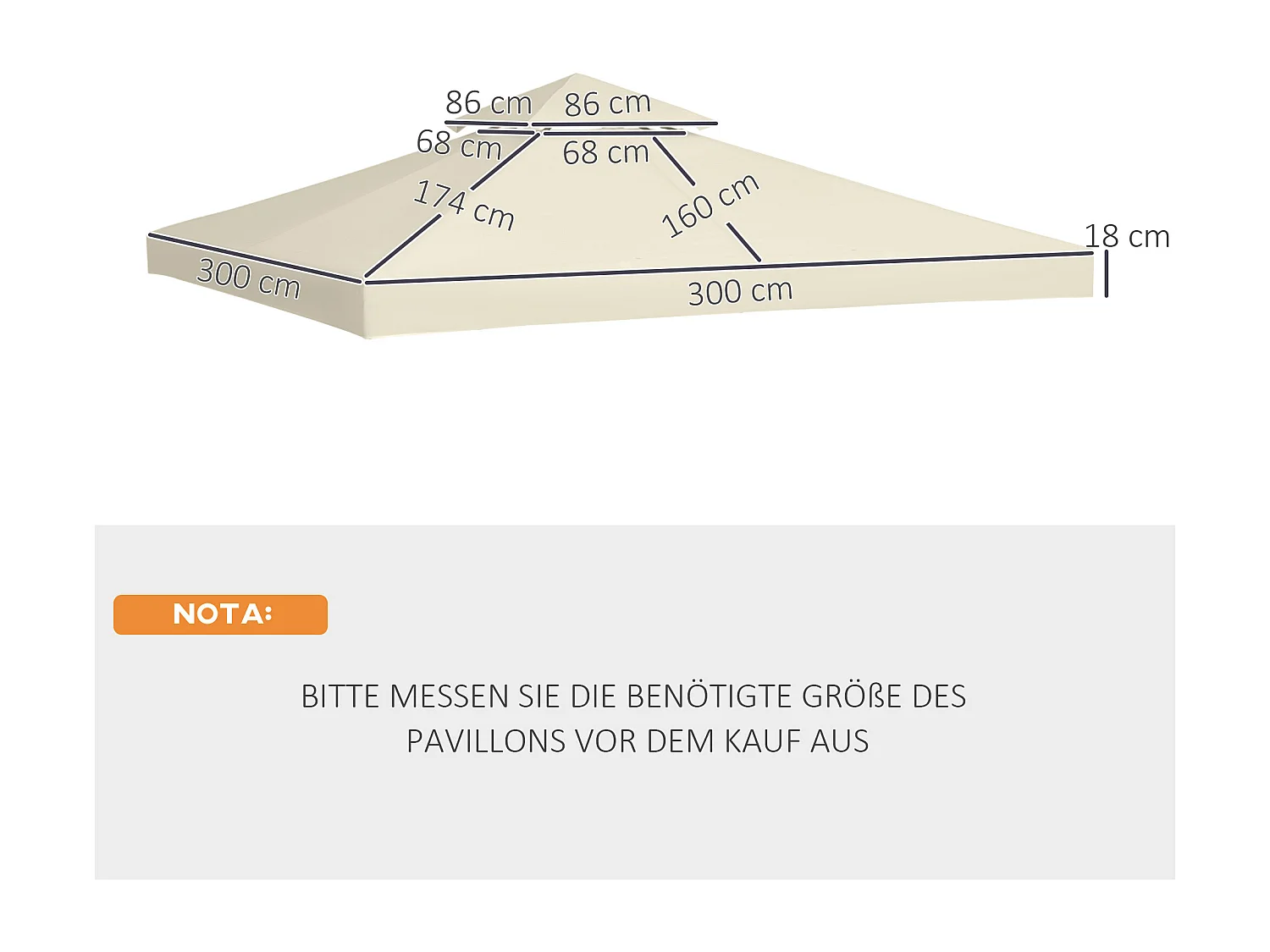 3x3m prieel, polyester vervangend dak, crème, waterbestendig (300x300x18 cm)