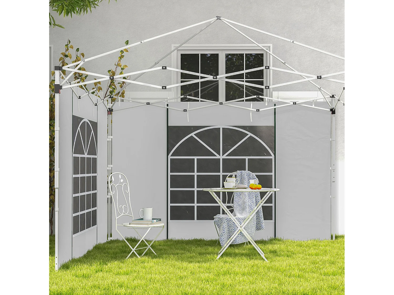 Panneaux latéraux pour pavillon 2 pièces avec fenêtres et porte, polyester, blanc (295x195cm)