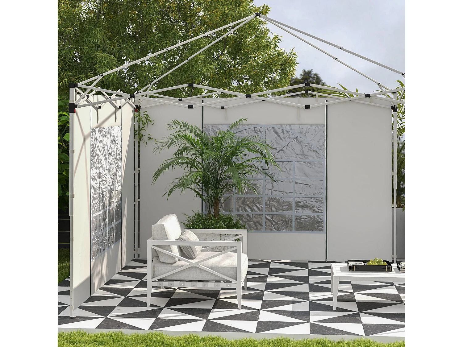 Panneaux latéraux pour pavillon 2 pièces avec fenêtres et porte, polyester, blanc (295x195cm)