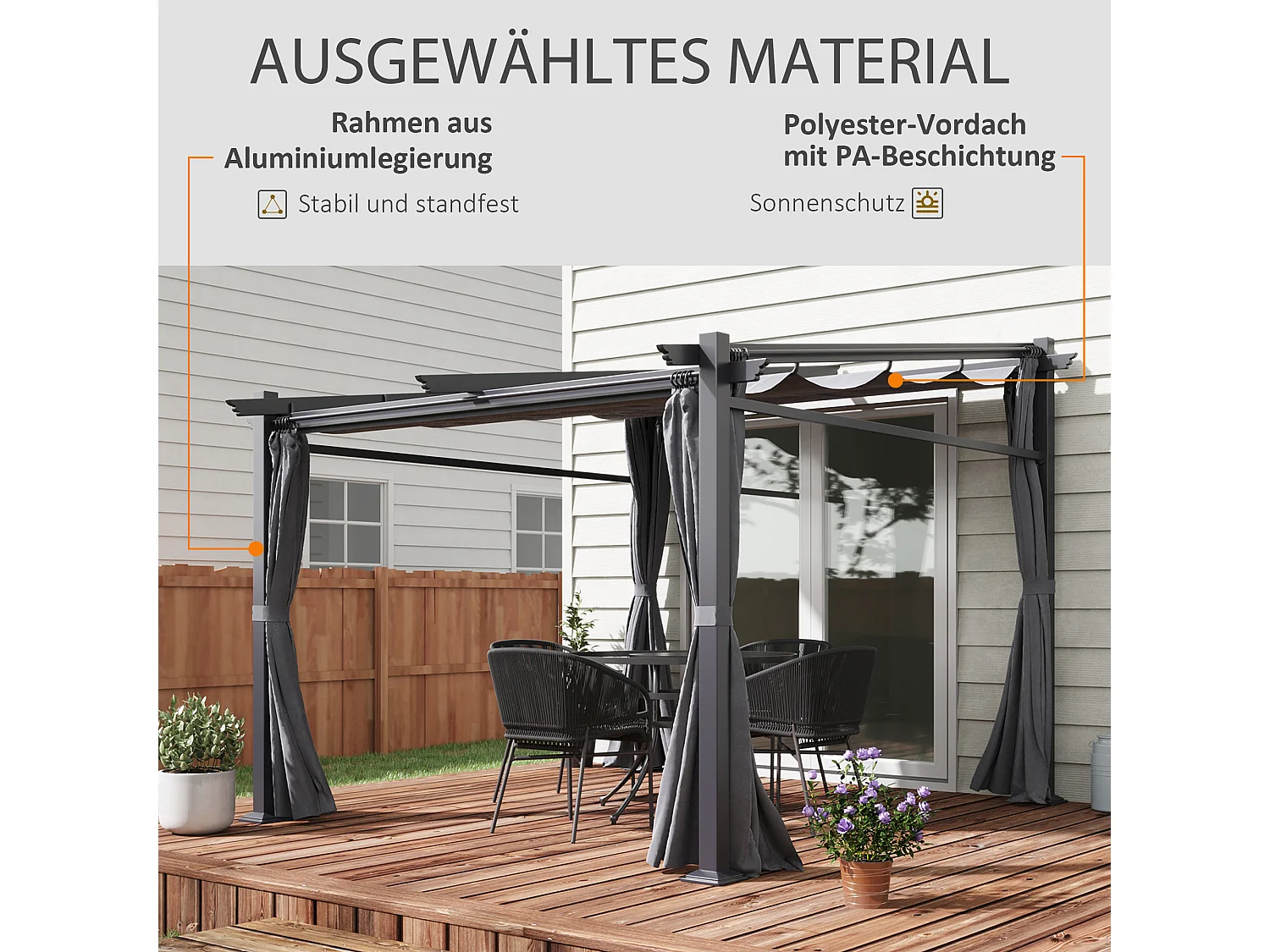 Pérgola con techo retráctil, estructura de acero, poliéster, gris oscuro (297x295x230cm)