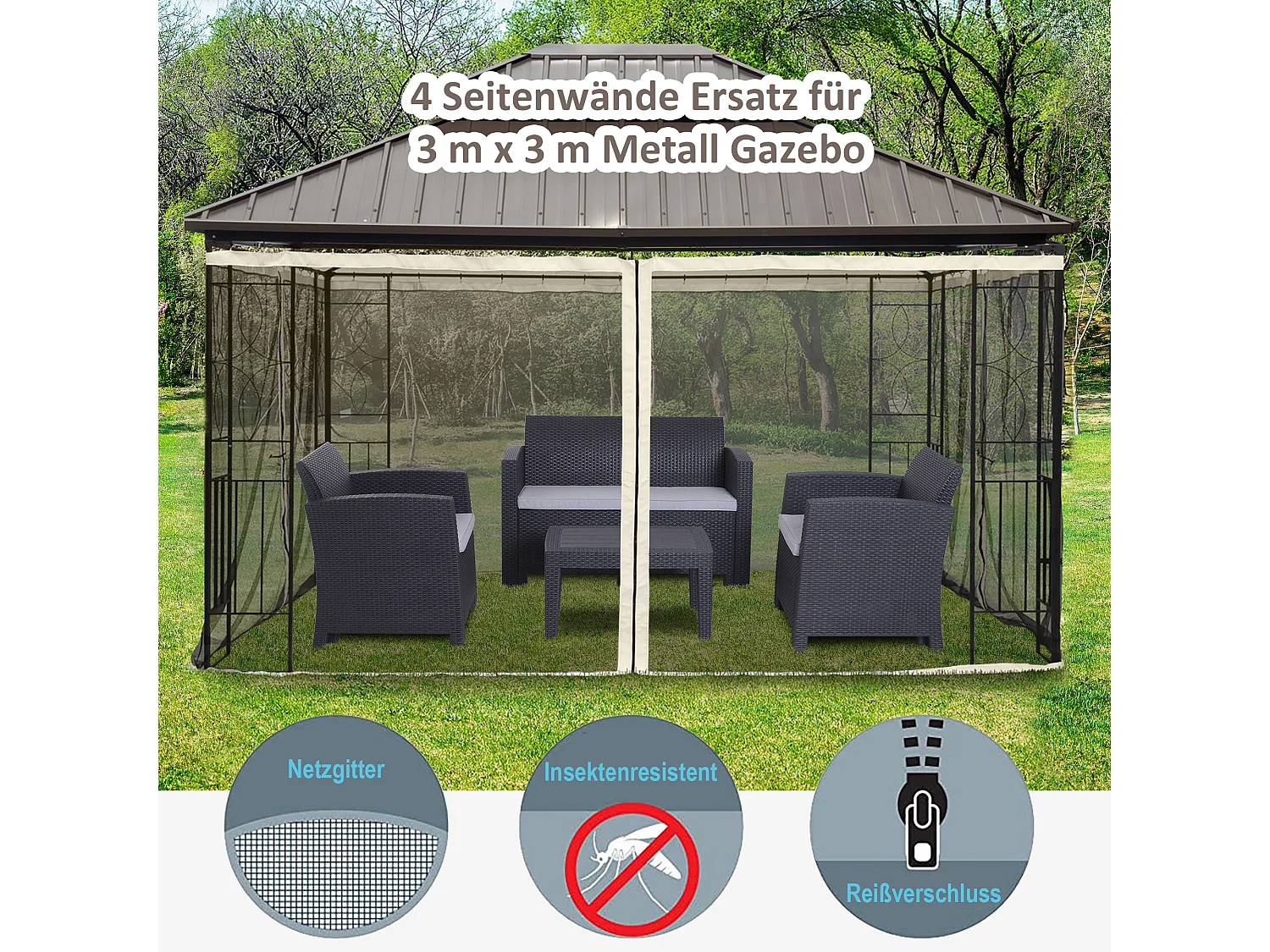 Moustiquaire pour pavillon 3x4m, 4 panneaux avec fermeture éclair, nylon mesh noir (120x100x200cm)