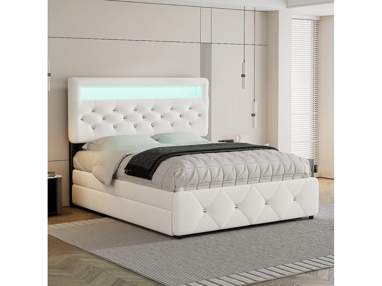 Lit avec canapé escamotable et 2 tiroirs, tissu, blanc (205x141x115 cm)