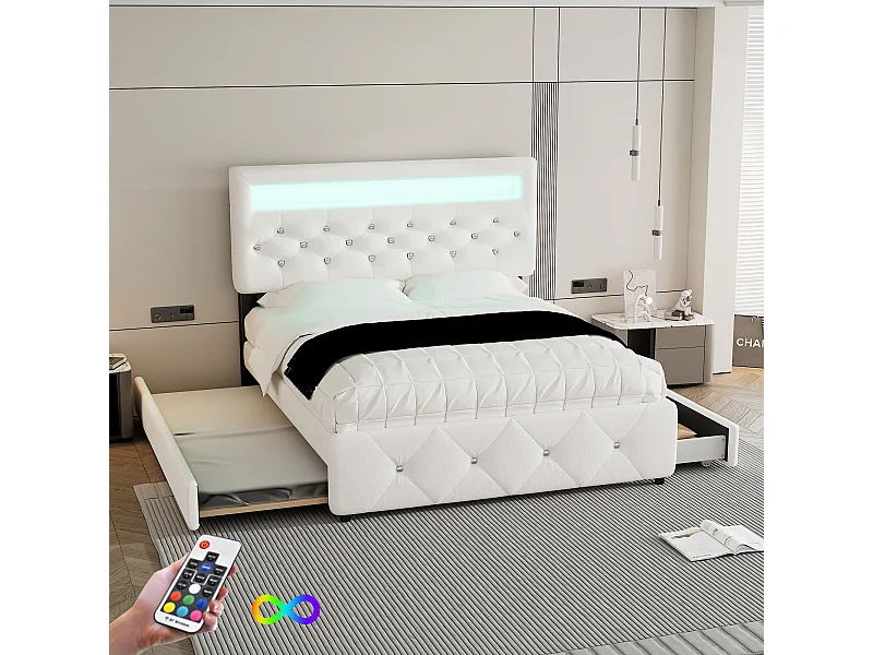 Lit avec canapé escamotable et 2 tiroirs, tissu, blanc (205x141x115 cm)