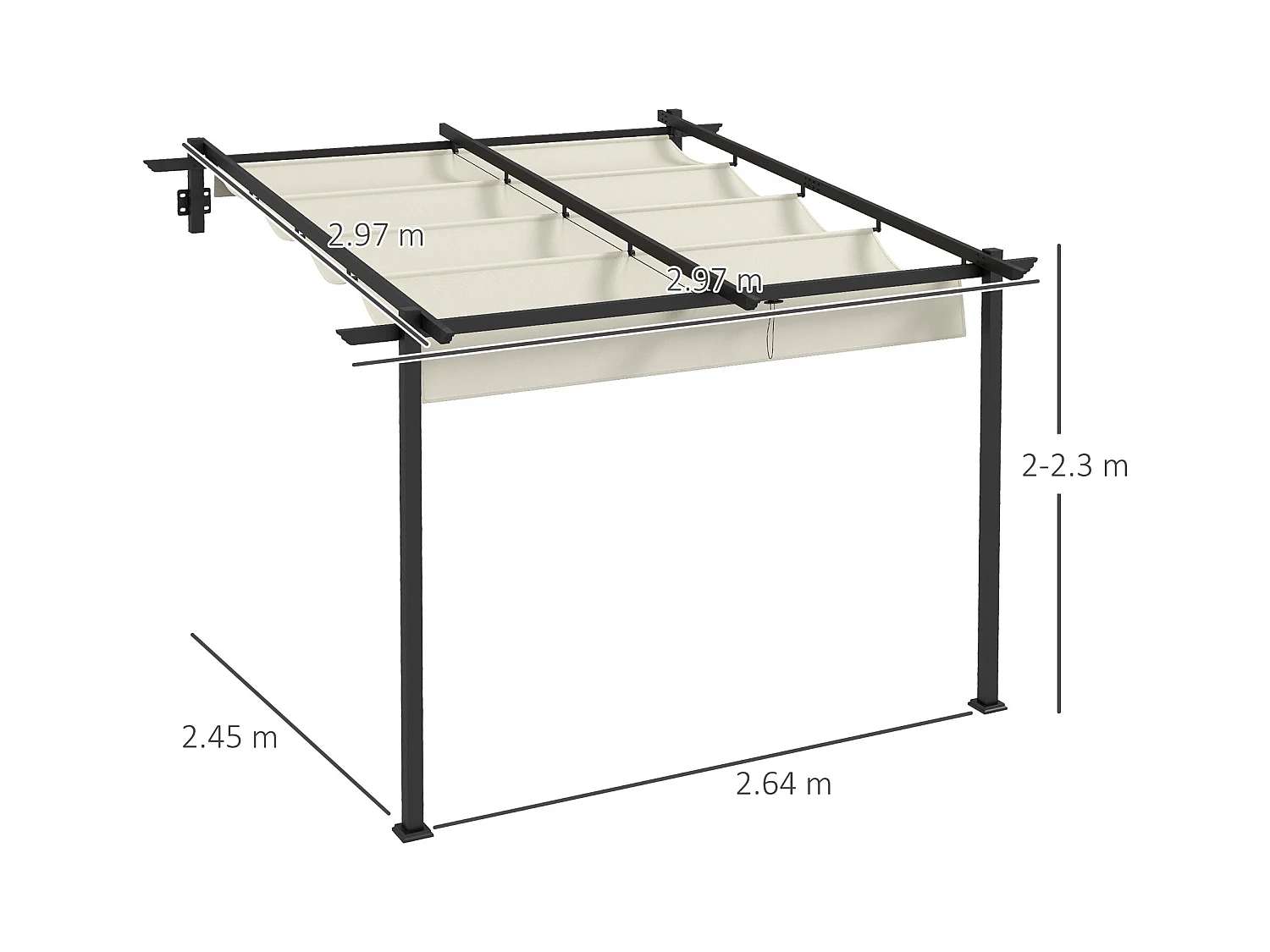 Pergola murale avec toit rétractable, structure aluminium, crème (297x297x230cm)