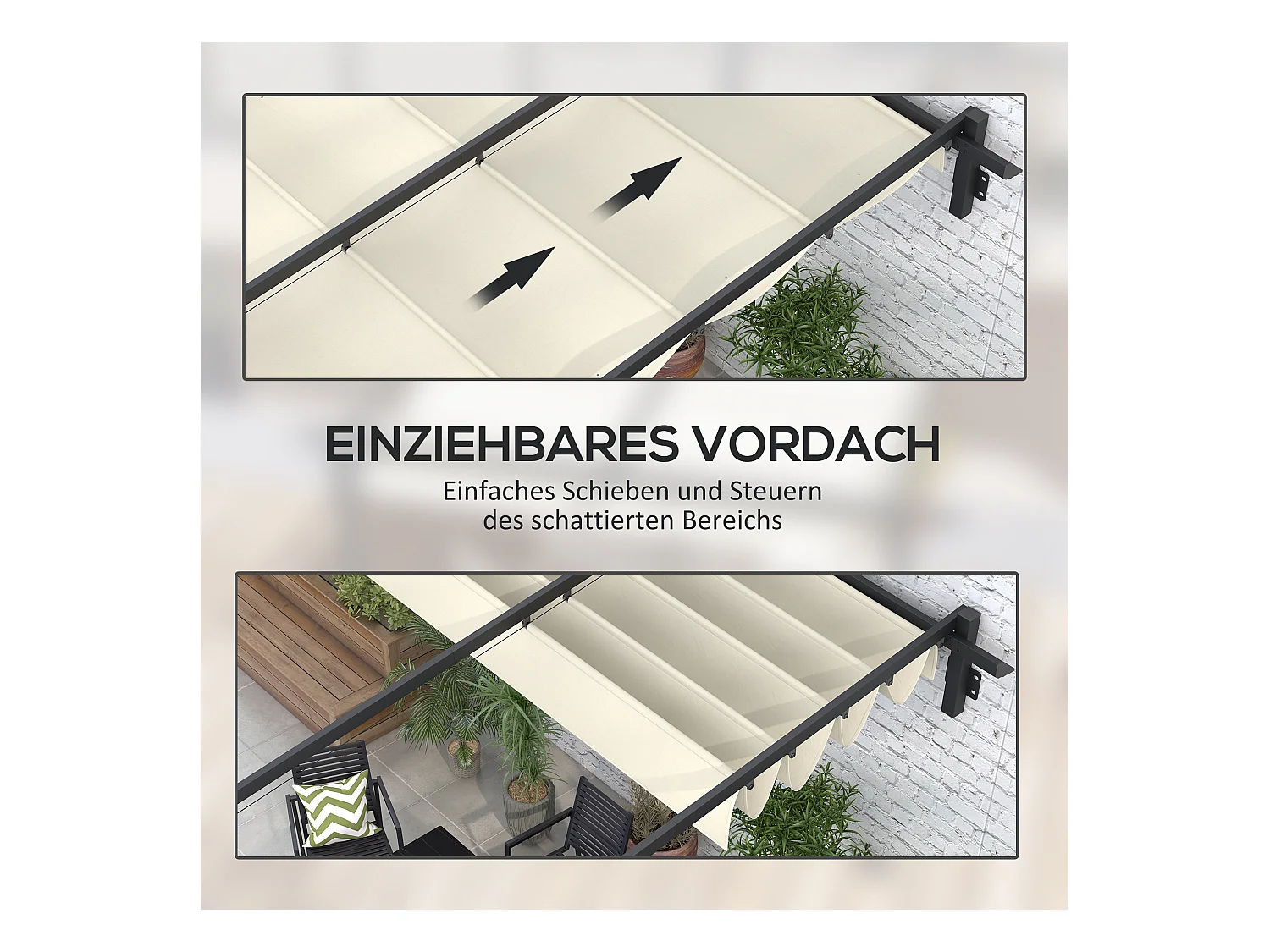 Pergola murale avec toit rétractable, structure aluminium, crème (297x297x230cm)