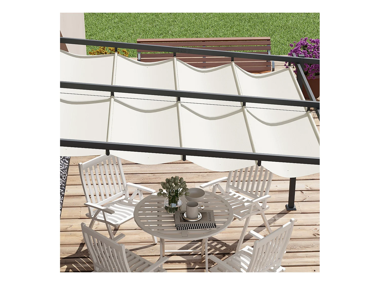 Pergola murale avec toit rétractable, structure aluminium, crème (297x297x230cm)