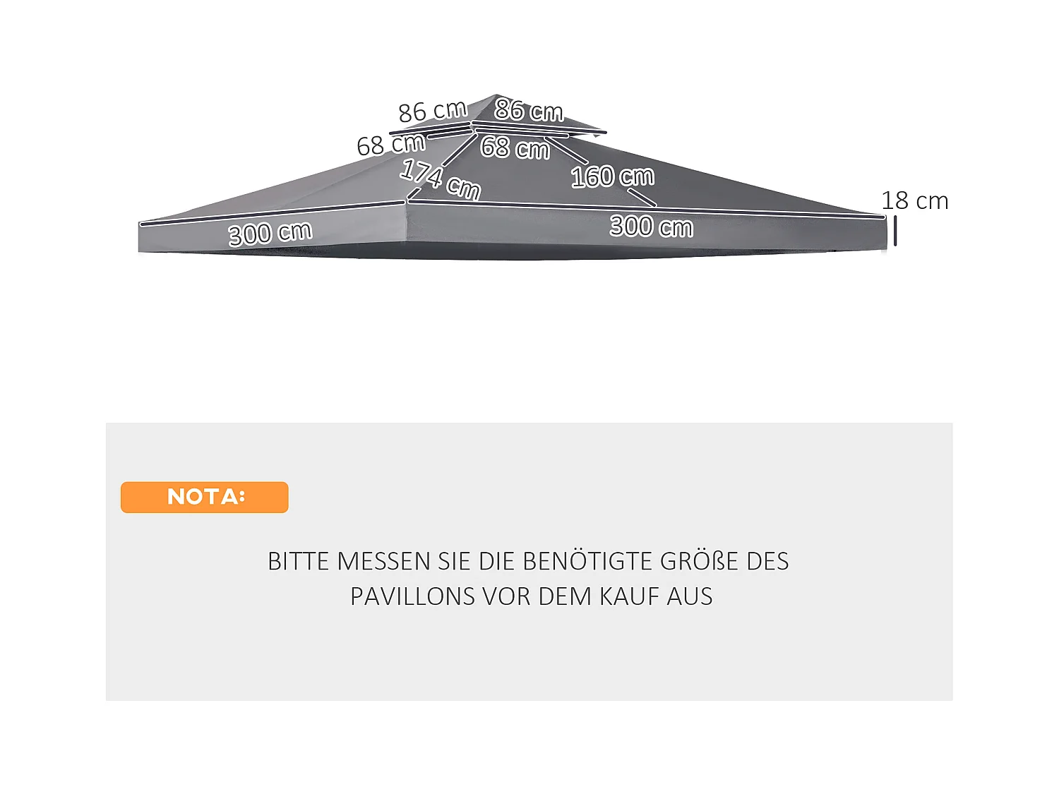 Toit de remplacement pour pavillon métallique 3x3m, en polyester, étanche, gris foncé (300x300x18 cm)