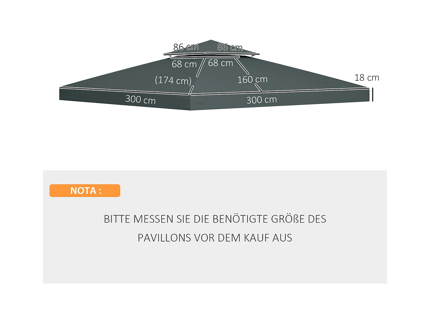 Housse de remplacement pour pavillon 3x3m, toit en polyester, protection UV, gris (300x300x18 cm)