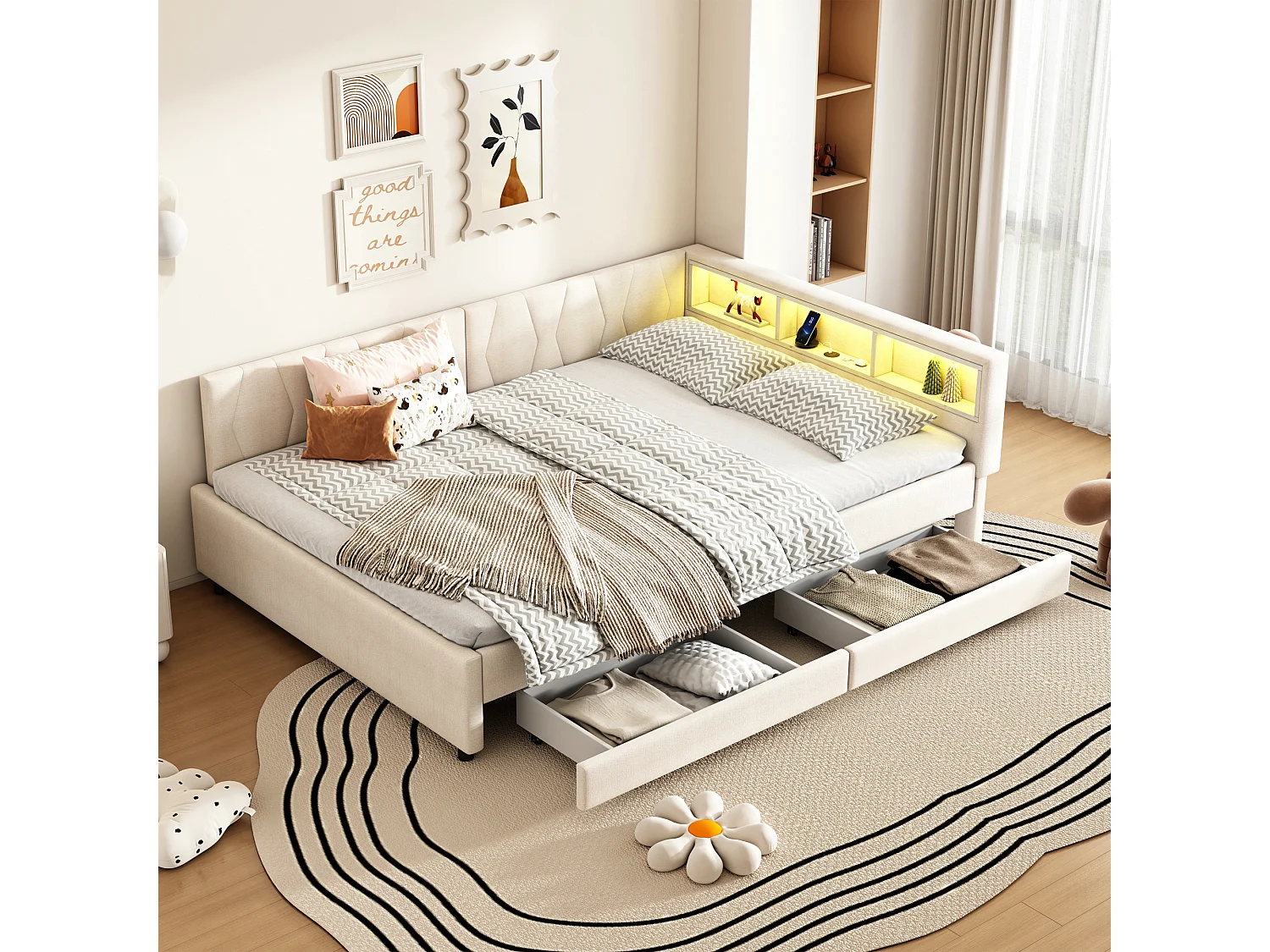 Sofá cama infantil - 140 x 200 cm - cabecero con almacenaje + LED - 2 cajones - lino - beige