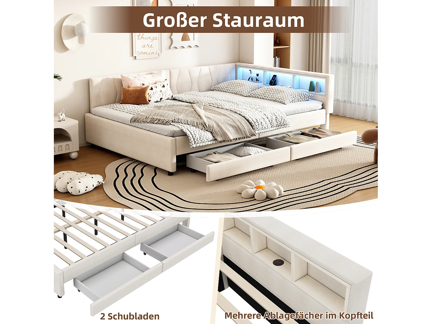 Sofá cama infantil - 140 x 200 cm - cabecero con almacenaje + LED - 2 cajones - lino - beige