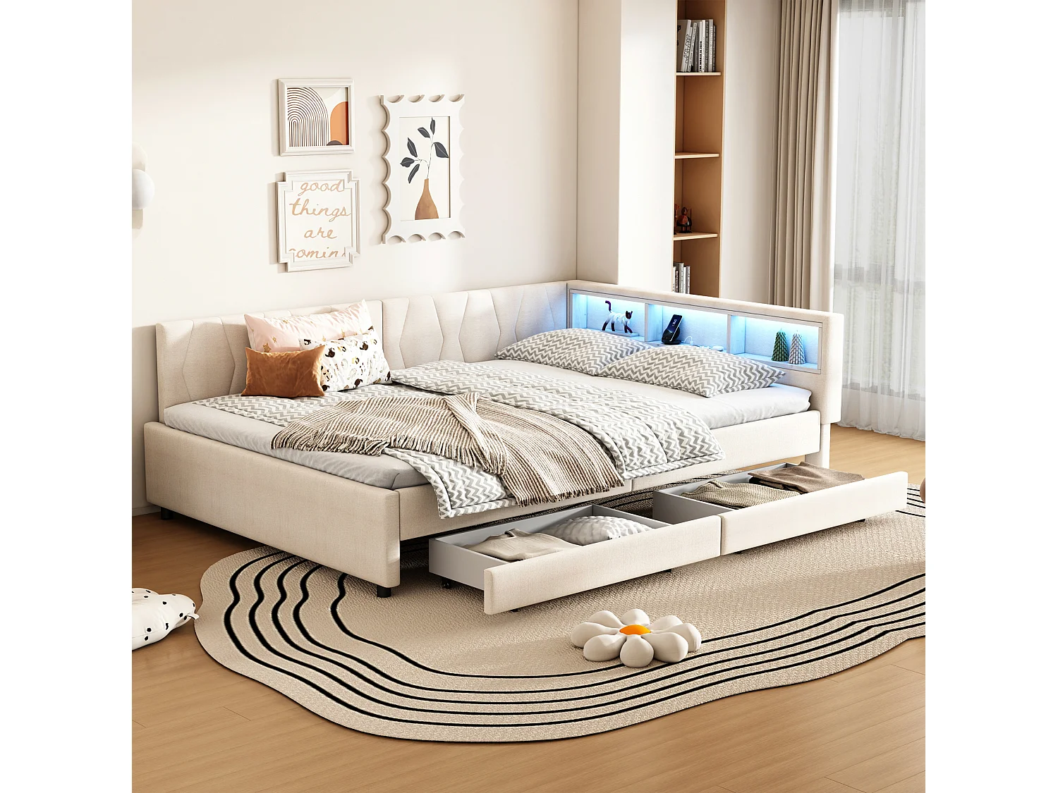 Kinderschlafsofa - 140 x 200 cm - Kopfteil mit Stauraum + LEDs - 2 Schubladen - Leinen - Beige