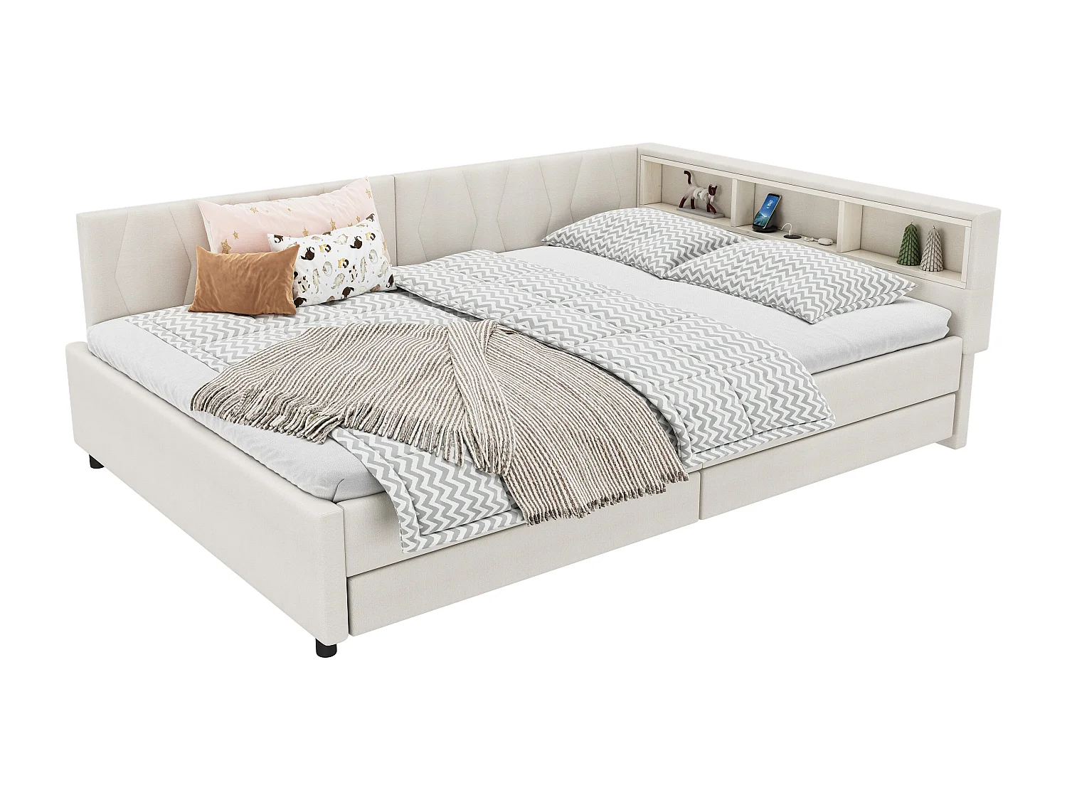 Kinderschlafsofa - 140 x 200 cm - Kopfteil mit Stauraum + LEDs - 2 Schubladen - Leinen - Beige