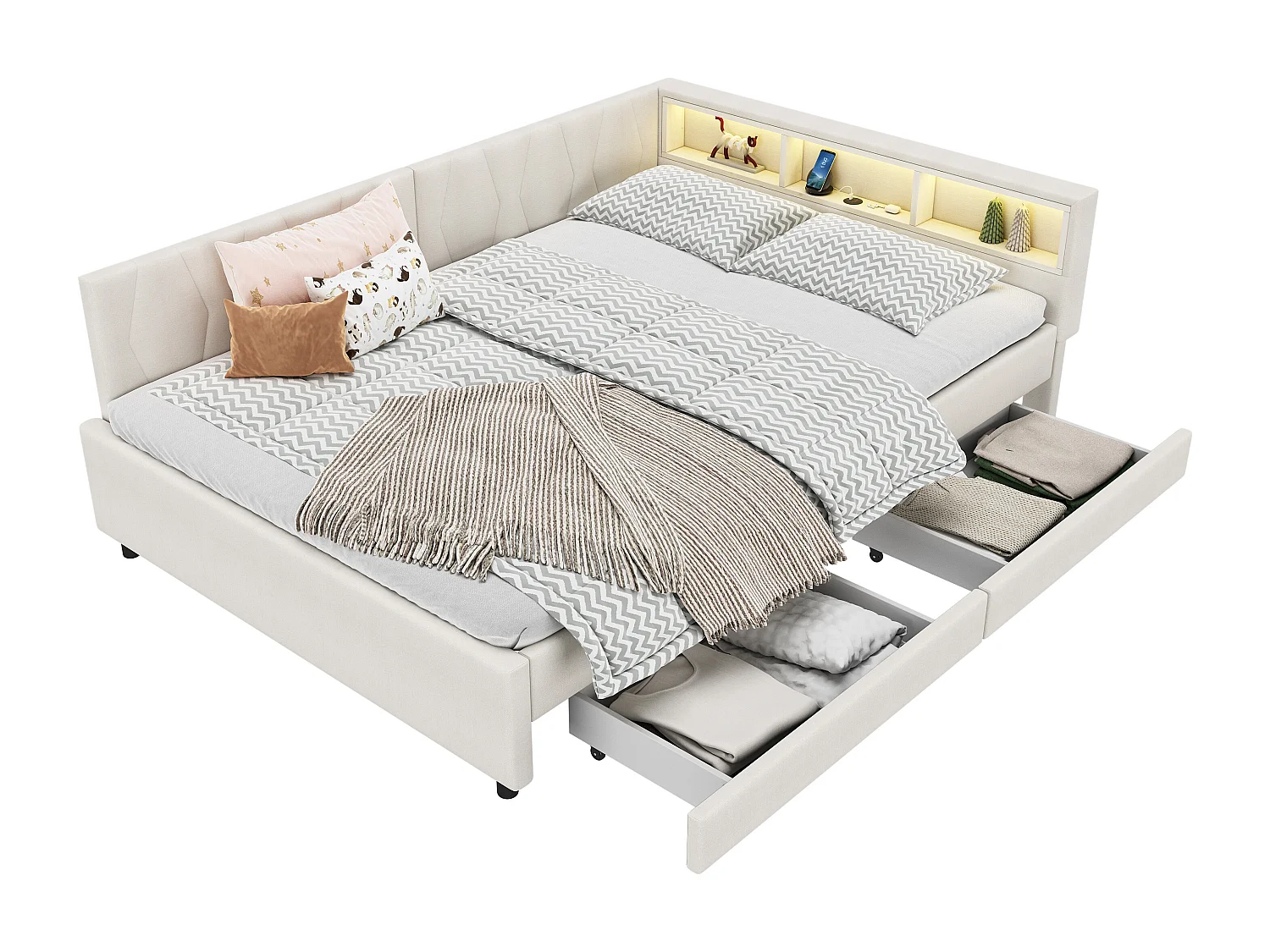 Kinderschlafsofa - 140 x 200 cm - Kopfteil mit Stauraum + LEDs - 2 Schubladen - Leinen - Beige