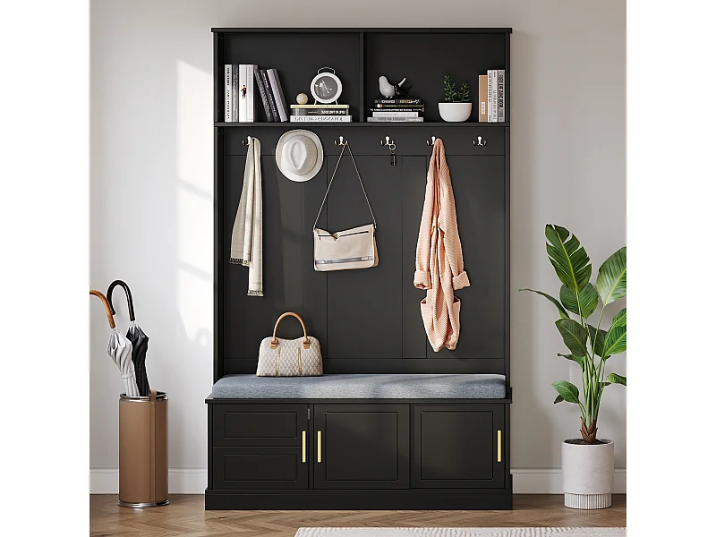 Locker - 120 x 40 x 191 cm - met schoenenbank + kledingkast + 6 drievoudige haken - spaanplaat - zwart