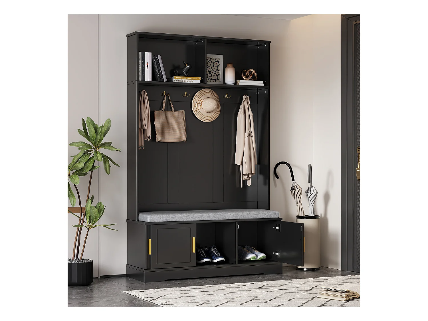 Locker - 120 x 40 x 191 cm - met schoenenbank + kledingkast + 6 drievoudige haken - spaanplaat - zwart