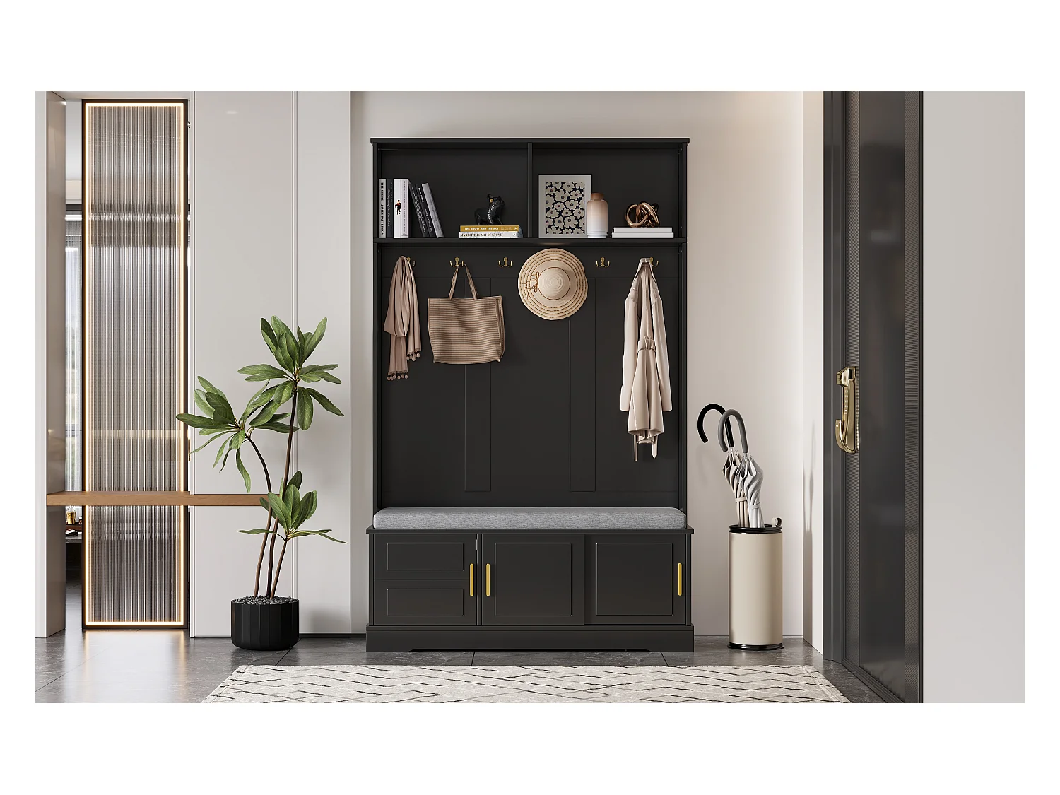 Locker - 120 x 40 x 191 cm - met schoenenbank + kledingkast + 6 drievoudige haken - spaanplaat - zwart