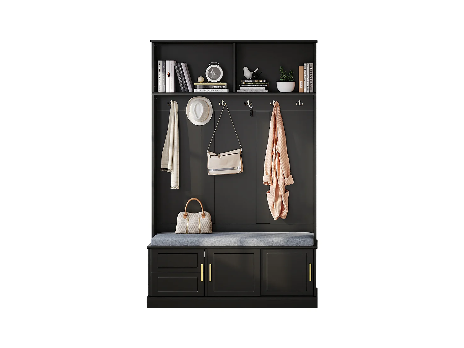 Locker - 120 x 40 x 191 cm - met schoenenbank + kledingkast + 6 drievoudige haken - spaanplaat - zwart