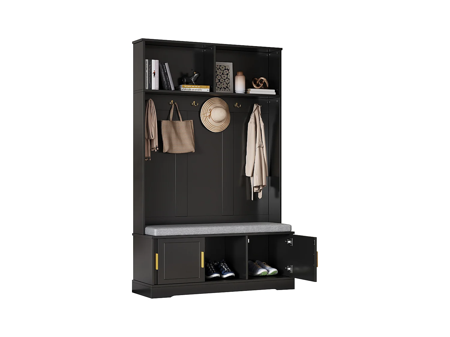 Locker - 120 x 40 x 191 cm - met schoenenbank + kledingkast + 6 drievoudige haken - spaanplaat - zwart