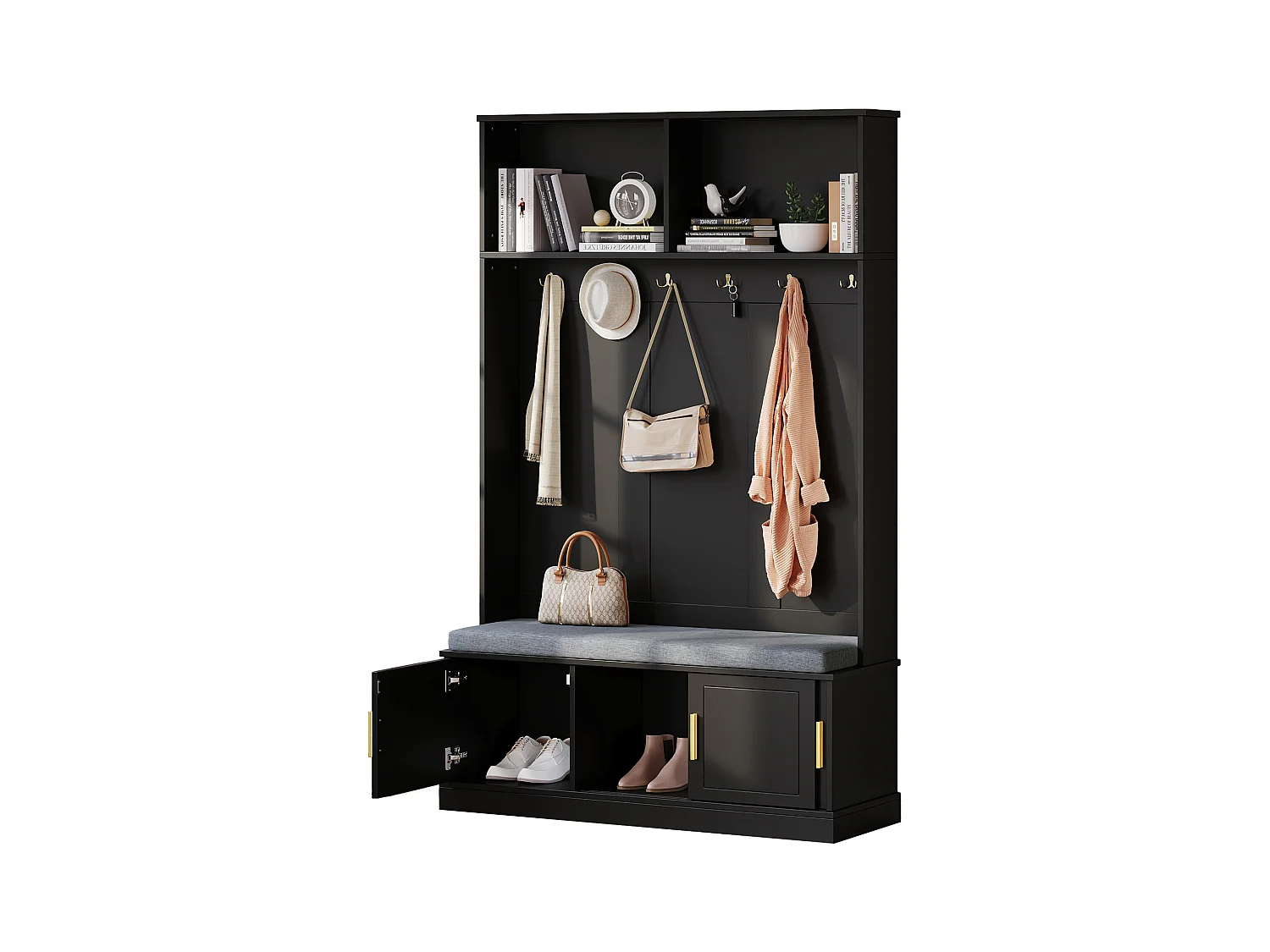 Locker - 120 x 40 x 191 cm - met schoenenbank + kledingkast + 6 drievoudige haken - spaanplaat - zwart